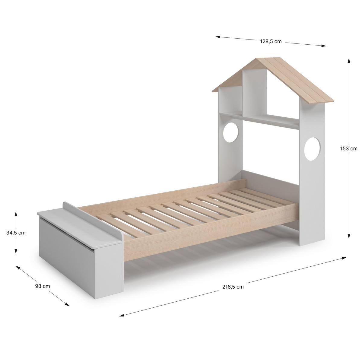 KINDERBETT Odessa Weiß 216/128/153 cm - Weiß, Holz (90/190cm) - Calicosy