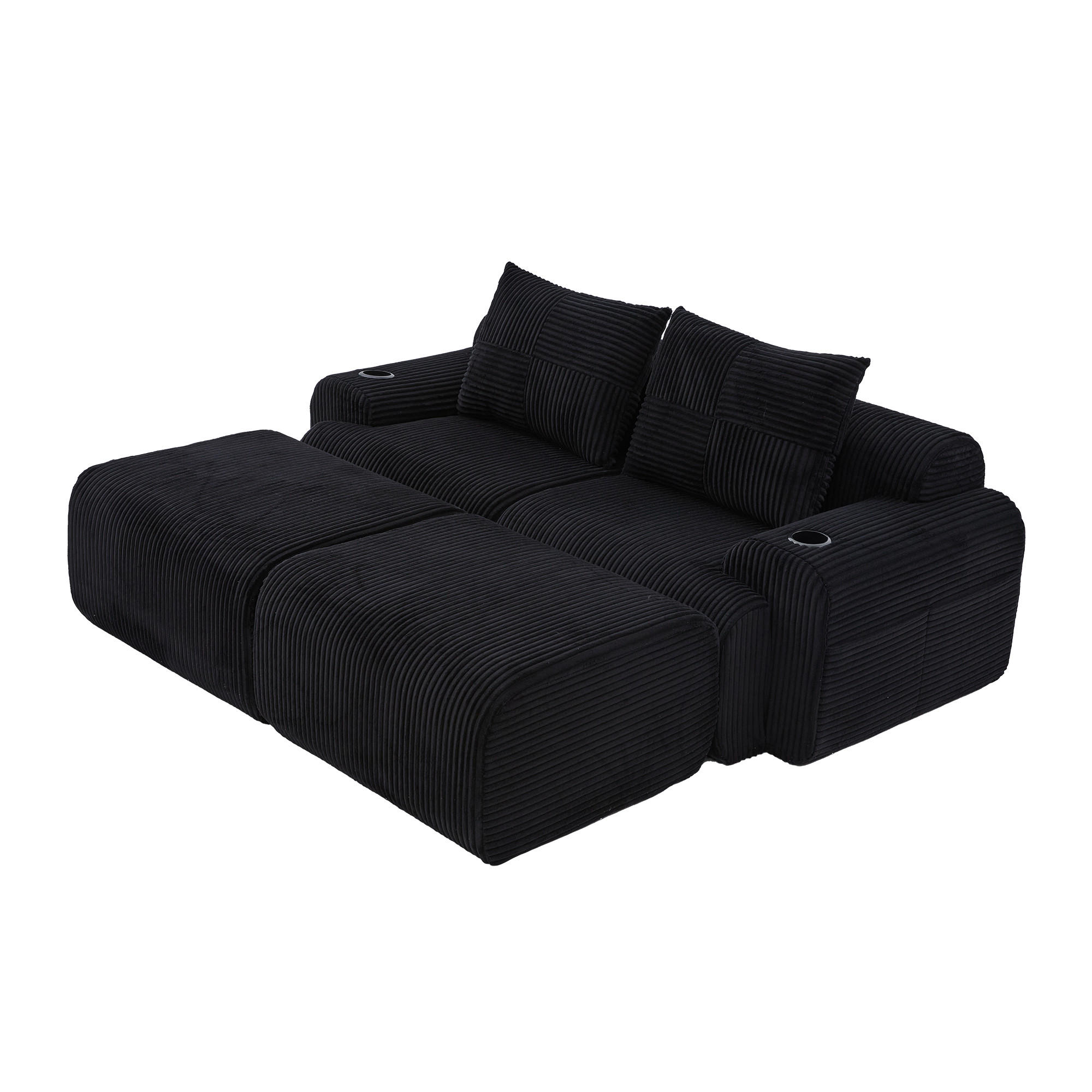MODULARES 2-Sitzer Sofa Cordstoff mit Getränkehalter und Seitentasche 200/174/80 cm Schwarz - Schwarz, Textil (174/80/200cm) - Redom