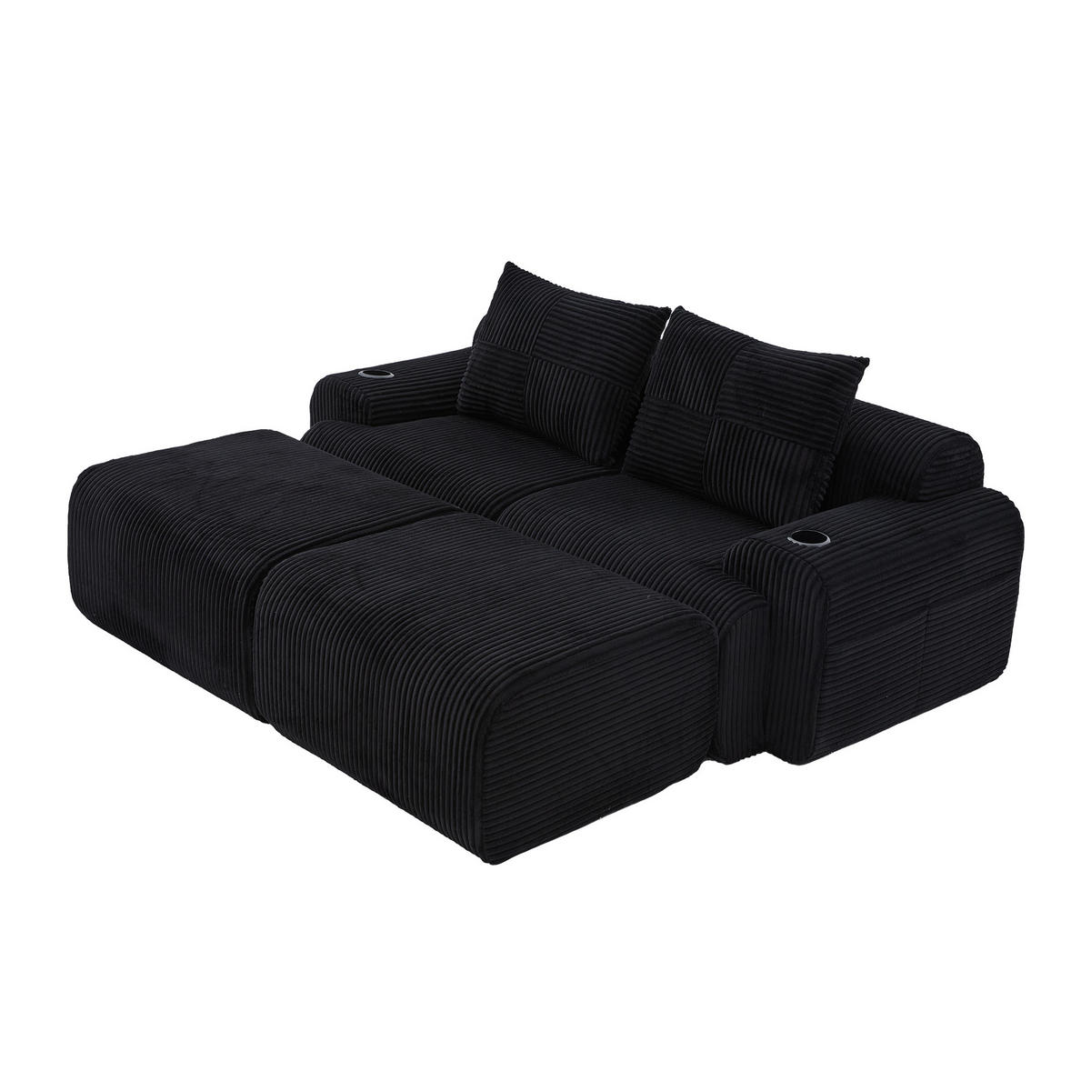 MODULARES 2-Sitzer Sofa Cordstoff mit Getränkehalter und Seitentasche 200/174/80 cm Schwarz - Schwarz, Textil (174/80/200cm) - Redom