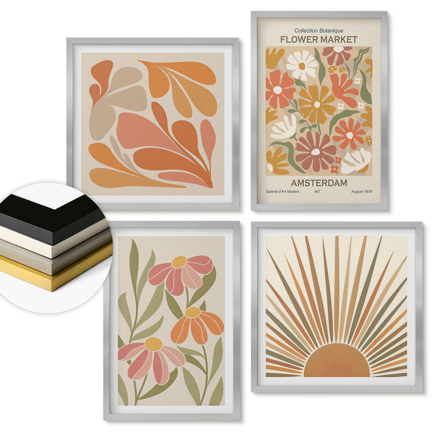 WANDBILDER 4er Set - 50x50 cm & 40x60 cm Silberner Rahmen - Pastellfarbene Sonnenblumen - Silberfarben, Kunststoff (50/50cm) - ArtPrintCave