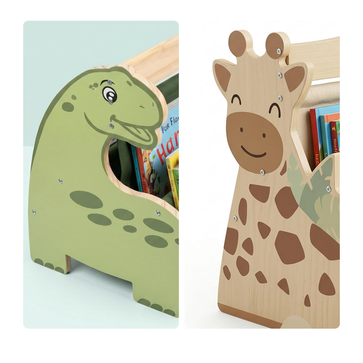 KINDERBÜCHERREGAL Weiß Natur 4 Stofffächer Dino - Multicolor, Holz/Textil (44/34/31cm) - Relaxdays