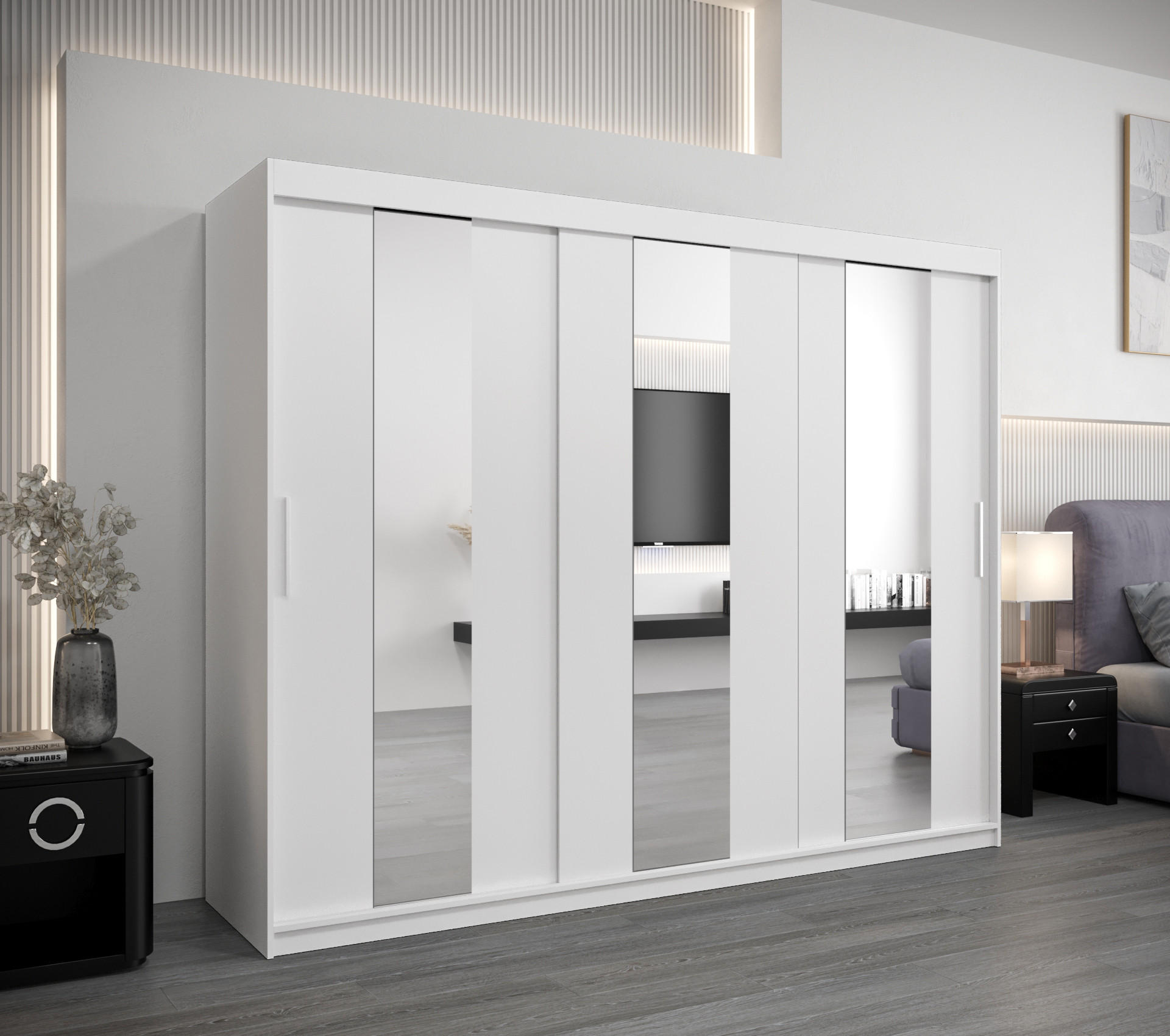 SCHWEBETÜRENSCHRANK 200/250/62 3-türig - Silberfarben/Weiß, Holz/Kunststoff (250/200/62cm) - MÖBEL KRYSPOL