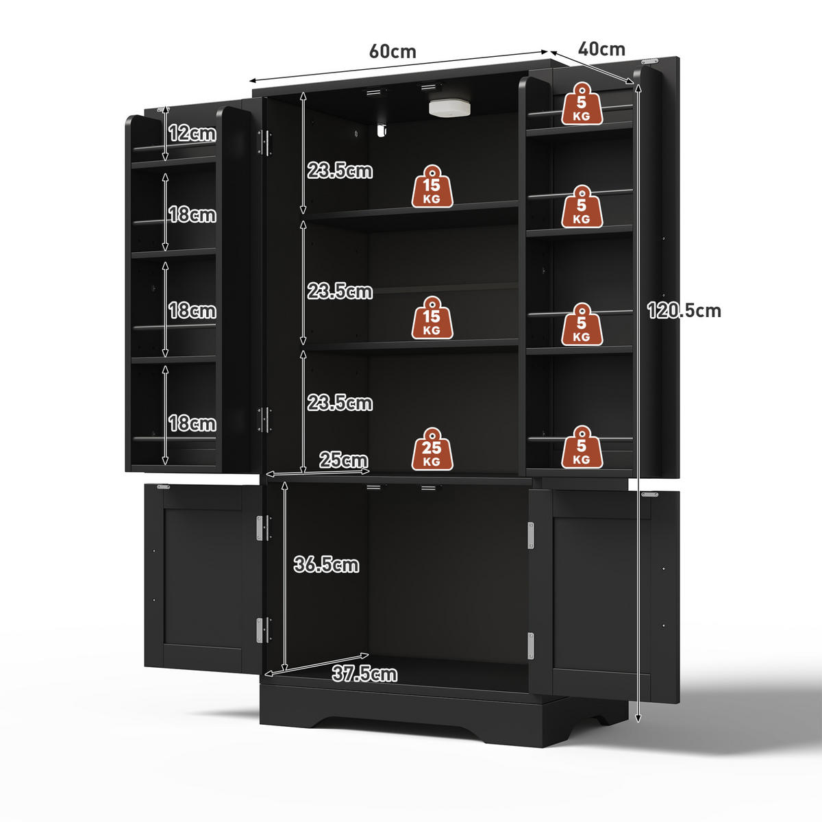 DONJI kuhinjski element, 120/60/40 cm, MDF crna, s LED senzorskim svjetlom - crna, drvni materijal (60/120/40cm) - BEAOK