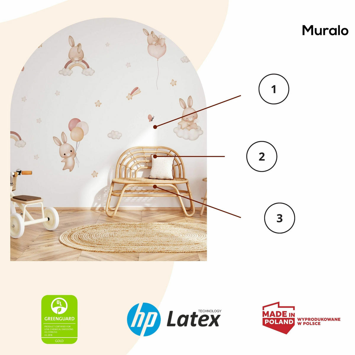 WANDAUFKLEBER SET Kaninchen Sternen Wolken Regenbogen 120x60 - Beige/Rot, Papier (120/60/1cm) - Muralo