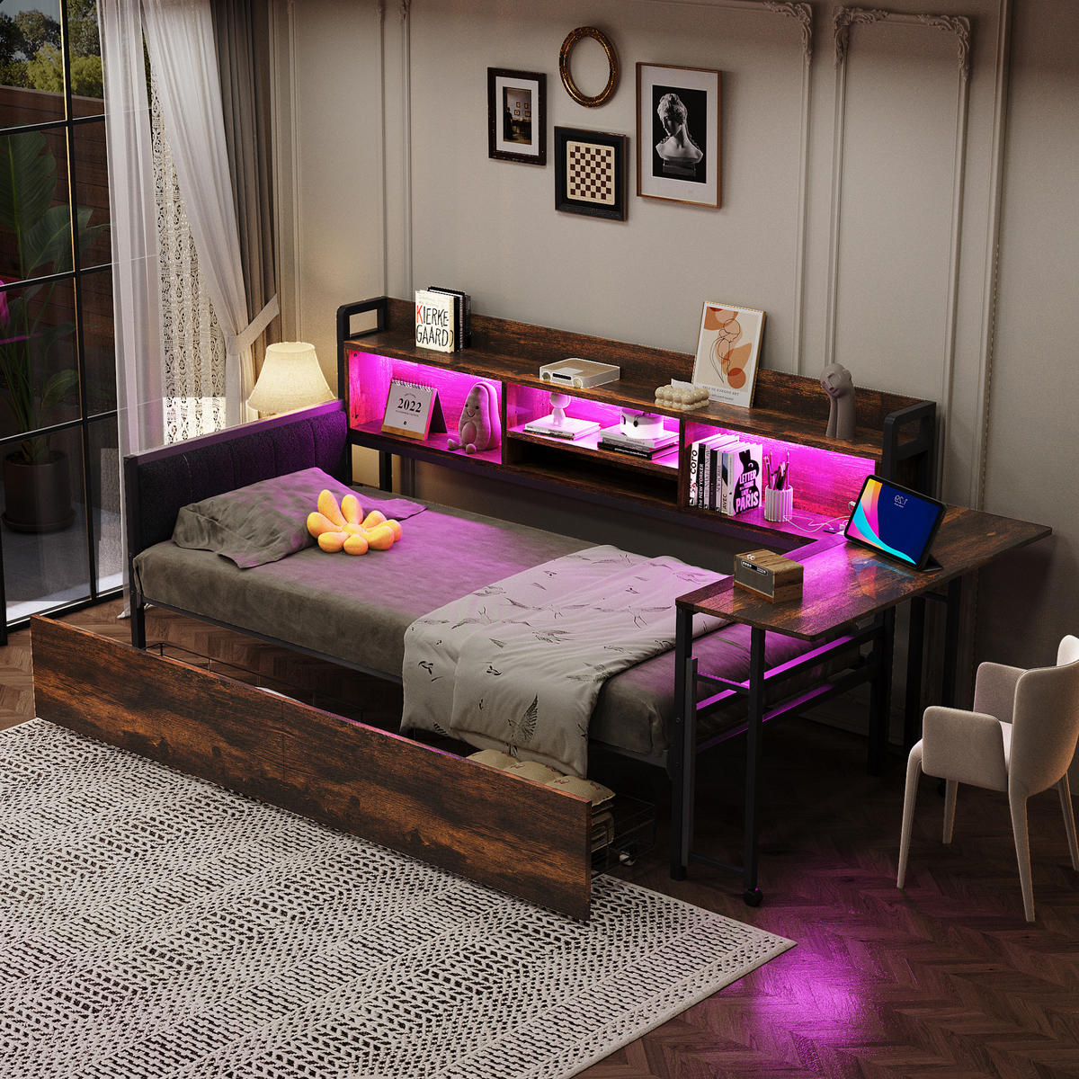 POLSTERBETT 90x200 cm LED USB Schreibtisch holz - Naturfarben, Metall (90/200cm) - Fortuna Lai