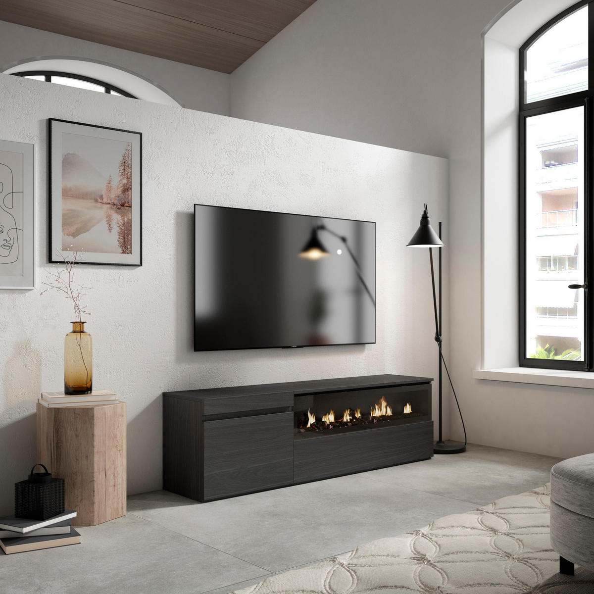TV-SCHRANK schwarz, mit Elektrokamin, 150/35/45cm - Anthrazit/Schwarz, Holzwerkstoff (150/45/35cm) - Skraut Home