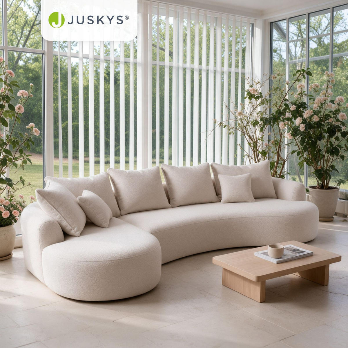 SOFA Tirano Bouclé Creme mit Ottomane links - Creme, Textil (102/300cm) - Juskys