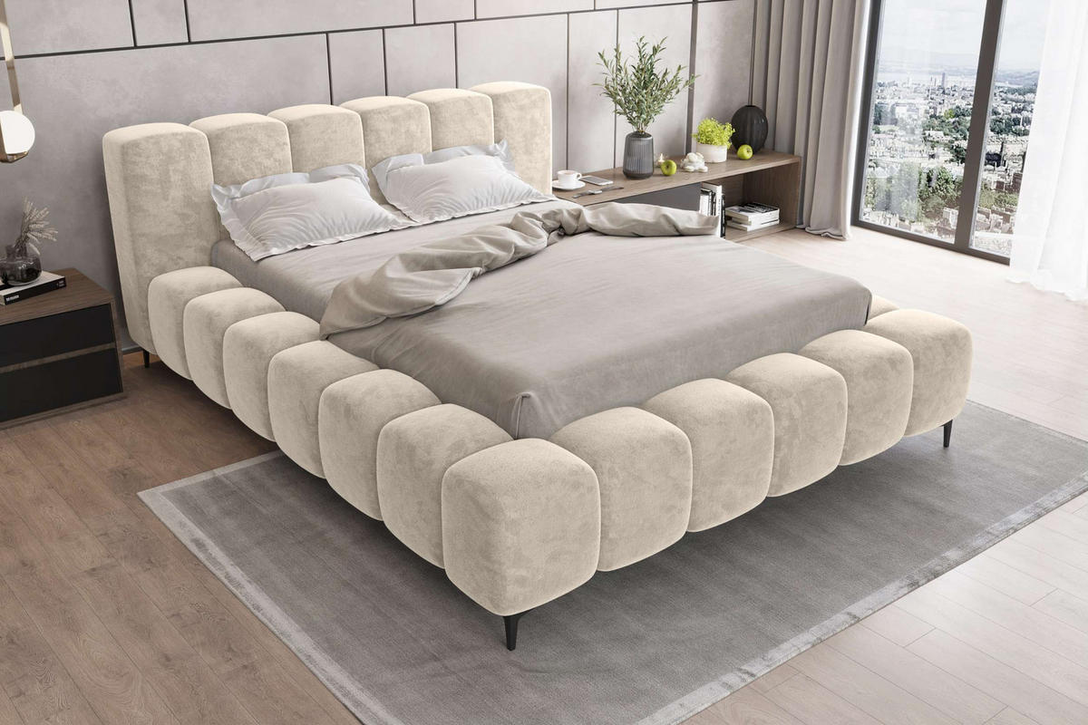 POLSTERBETT COZY Chenille Creme 160/200 cm - Creme/Schwarz, Textil/Metall (160/200cm) - 99rooms