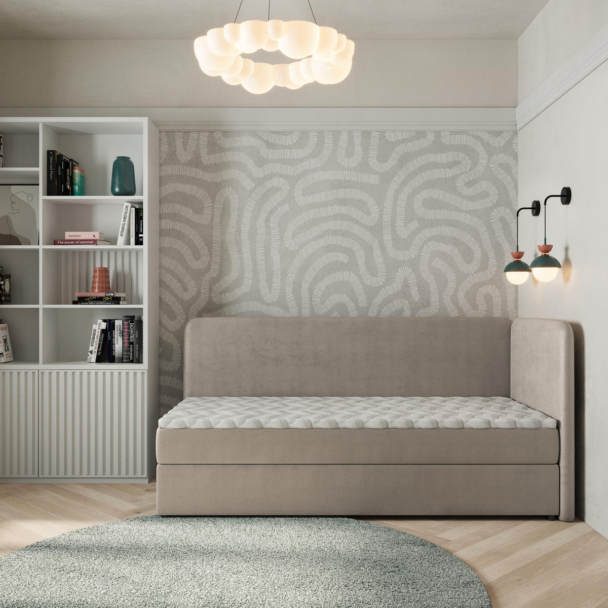BOXBETT GINA 100x200 cm mit Matratze und Topper, H2+H3 - Beige - Beige, Holz (100/200cm) - MASSENO