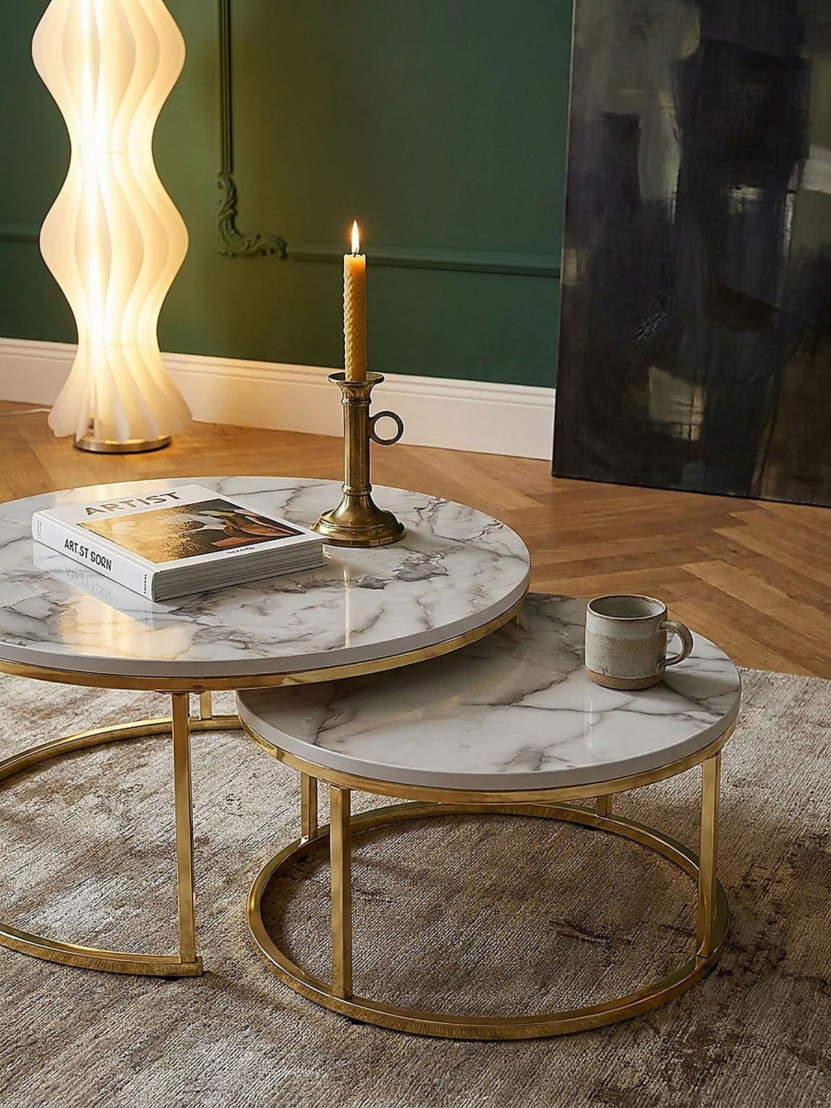 COUCHTISCH 2er Set Marmoroptik Metall Eichenholz Ineinanderschiebbar, Gold 80x80x36 cm - Goldfarben, Holz/Metall (80/80/36cm) - KADIMA DESIGN