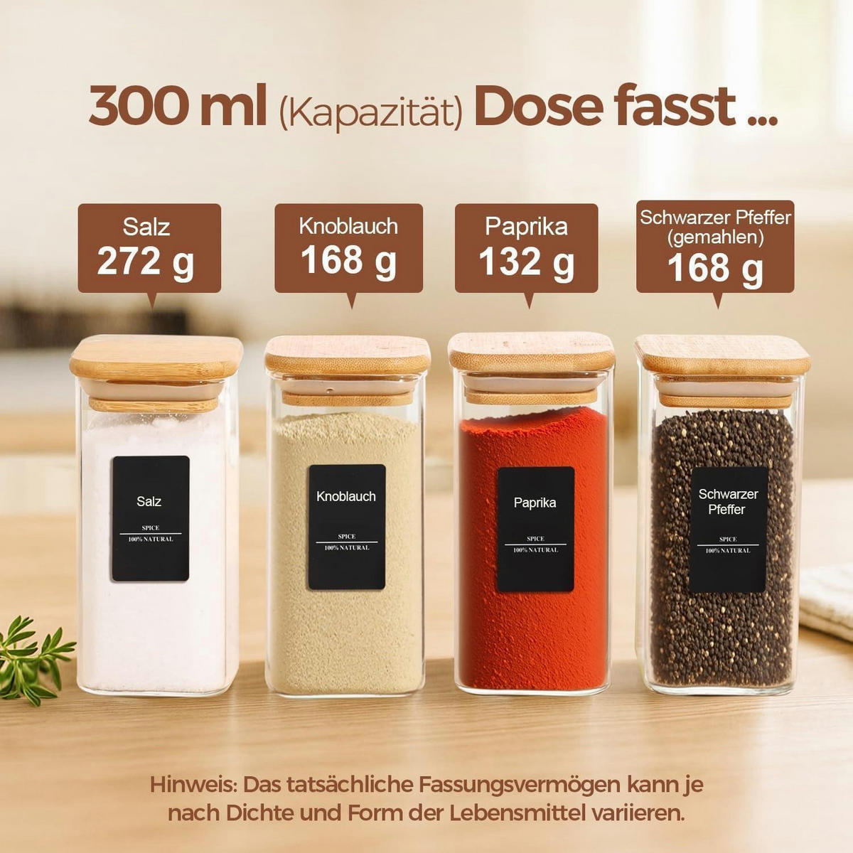 GEWÜRZGLÄSER 12-teiliges Set 300 ml Glas mit Holzdeckel - Multicolor, Glas (6/12.6/6cm)