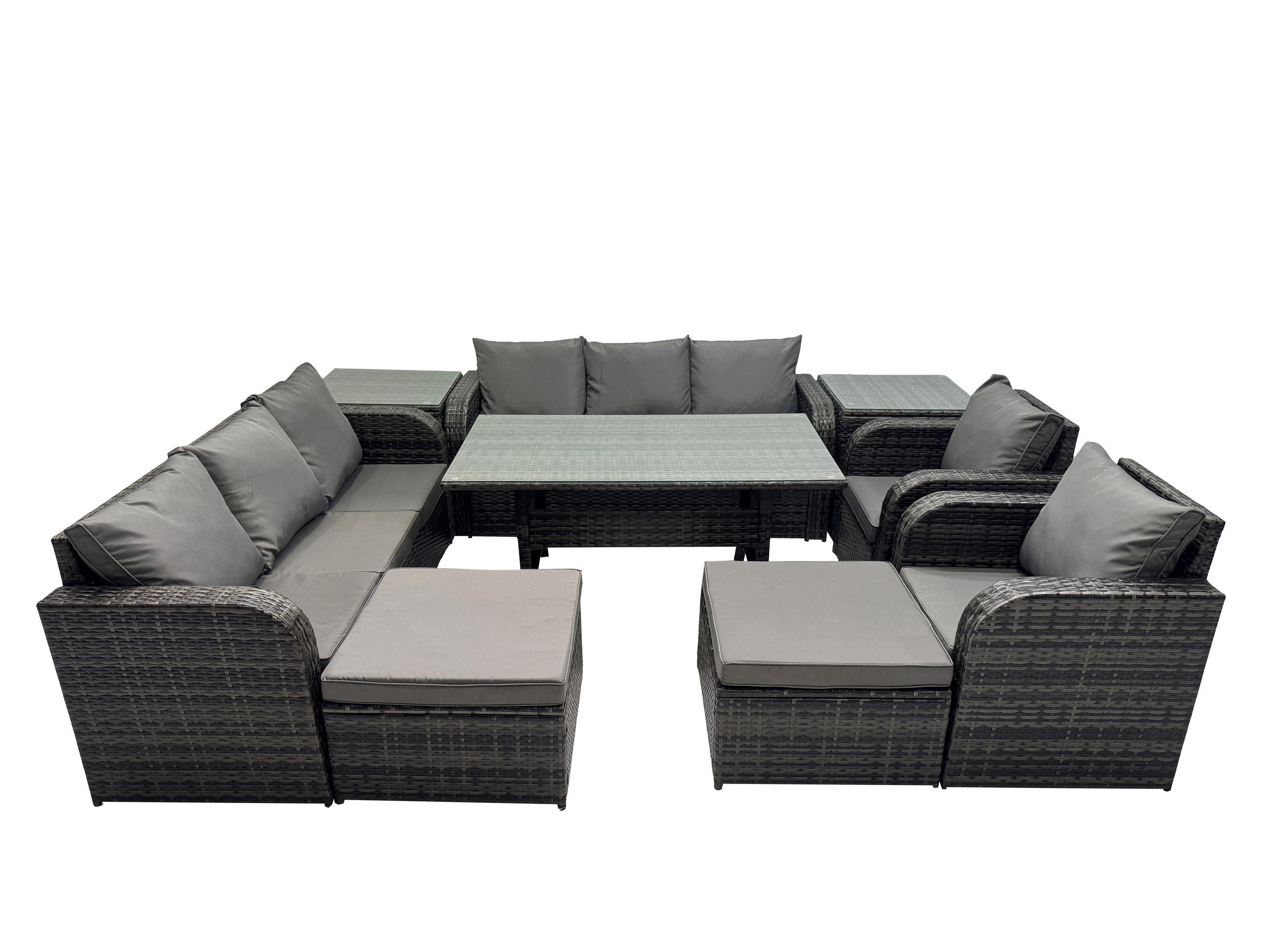 GARTENTISCHGRUPPE mit 2 Beistelltischen,2 große Fußhocker Polyrattan Dunkelgrau 10-Sitzer - Dunkelgrau/Grau, Glas/Kunststoff - Fimous