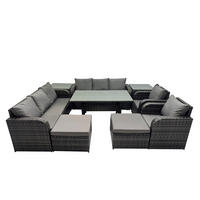 GARTENTISCHGRUPPE mit 2 Beistelltischen,2 große Fußhocker Polyrattan Dunkelgrau 10-Sitzer - Dunkelgrau/Grau, Glas/Kunststoff - Fimous