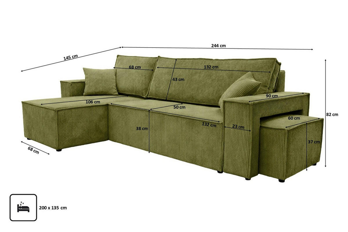 ECKSOFA Mit Schlaffunktion Und Pouf, Cordstoff Poso, Olive, Links, Best L Mit Pouf - Olivgrün, Holz (244/145cm) - Kaiser Möbel