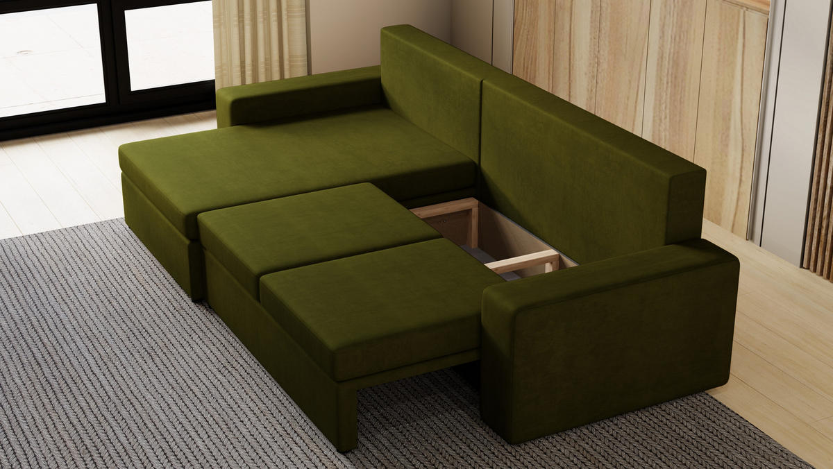 ECKSOFA Paco mit Bettkasten und Schlaffunktion, L-Form/XL-Form, Velourstoff, Universal - Olivgrün, Holzwerkstoff (276/145cm) - 4ALL HOME