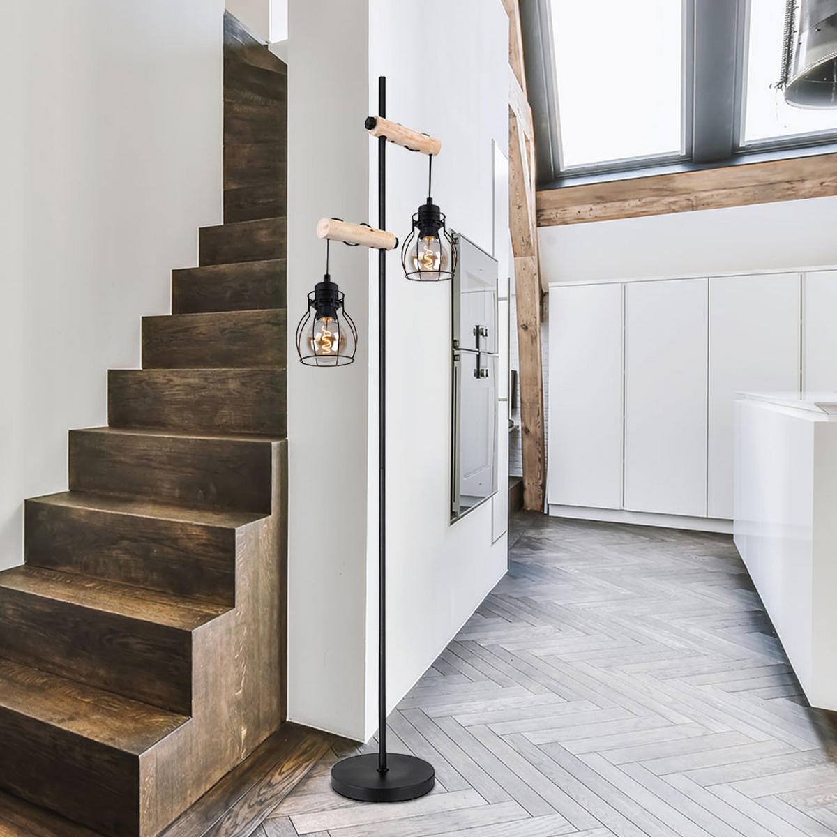 LED STEHLEUCHTE Metall Schwarz Höhenverstellbar - Schwarz, Holz (38.5/23/150cm) - Globo Lighting