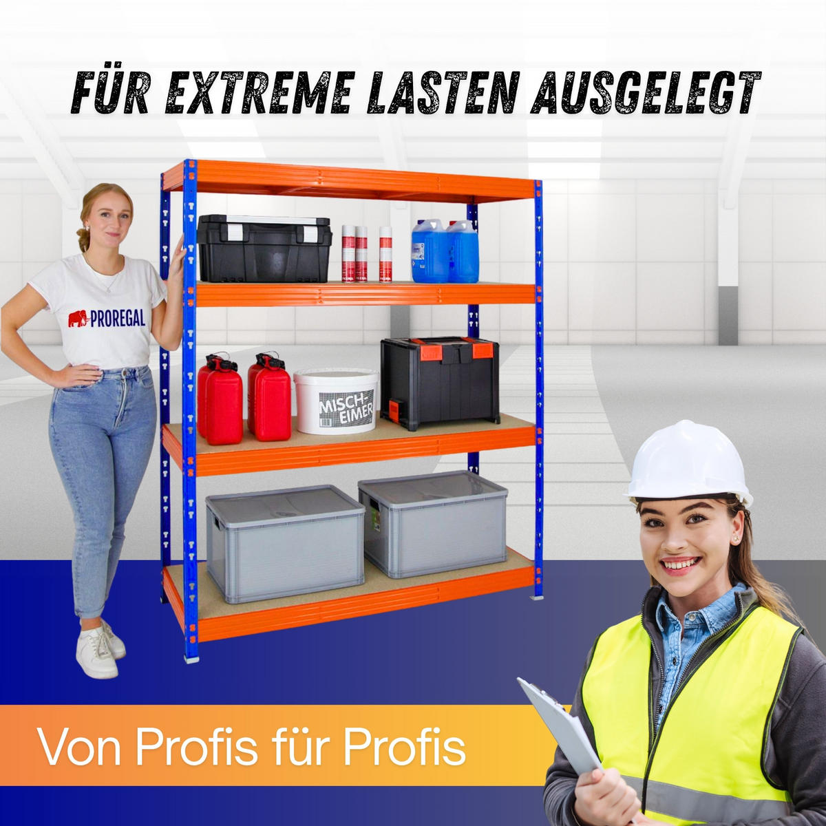 SCHWERLASTREGAL Rhino 180x160x60 cm 4 Melamin-Ebenen 16mm Fachlast 500 kg Blau/Orange - Blau/Orange, Metall (160/180/60cm) - PROREGAL