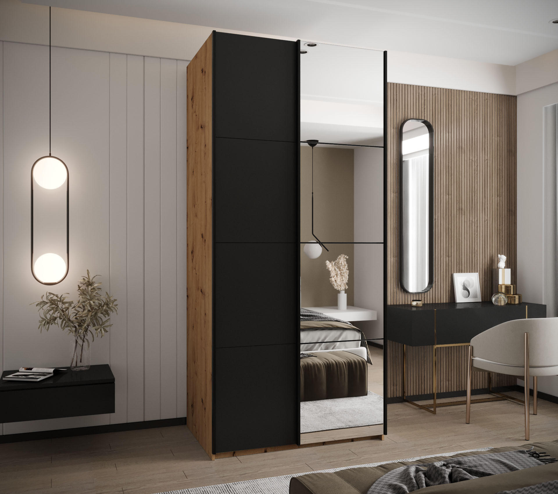 SCHWEBETÜRENSCHRANK 245,5/120/64 2-türig - Schwarz/Eiche Artisan, Holz/Metall (120/245/64cm) - Abiks Möbel
