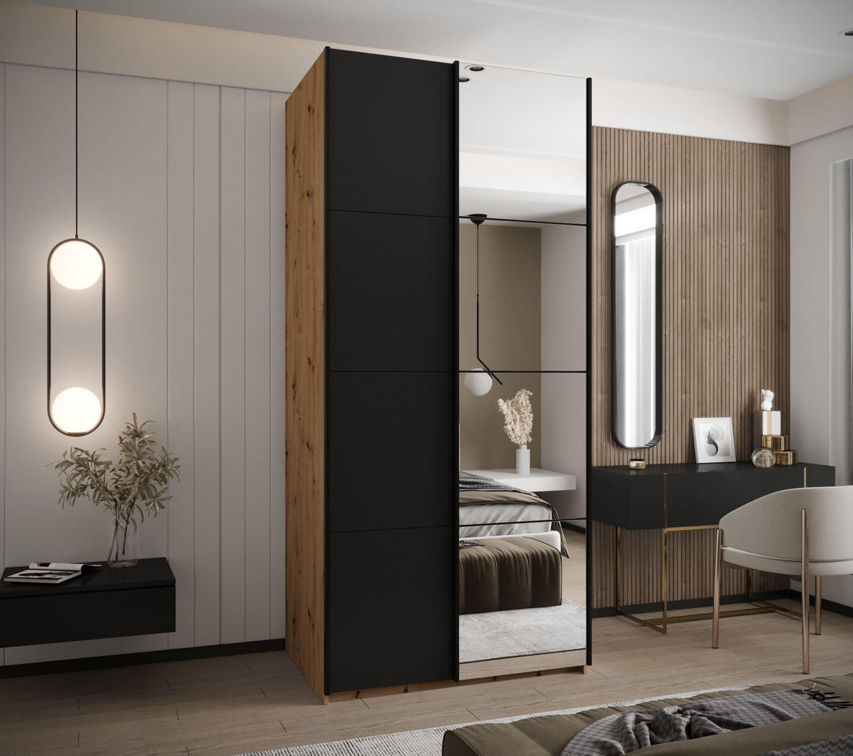 SCHWEBETÜRENSCHRANK 245,5/120/64 2-türig - Schwarz/Eiche Artisan, Holz/Metall (120/245/64cm) - Abiks Möbel