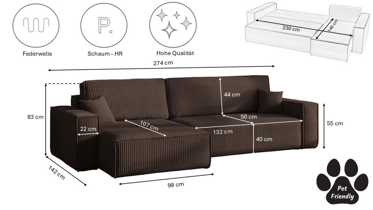 ECKSOFA Mit Schlaffunktion Und Bettkasten, Eckcouch BEST XL Stoff Poso Dicker Cord Braun Links - Schwarz/Braun, Holz/Kunststoff (142/274cm) - Kaiser Möbel