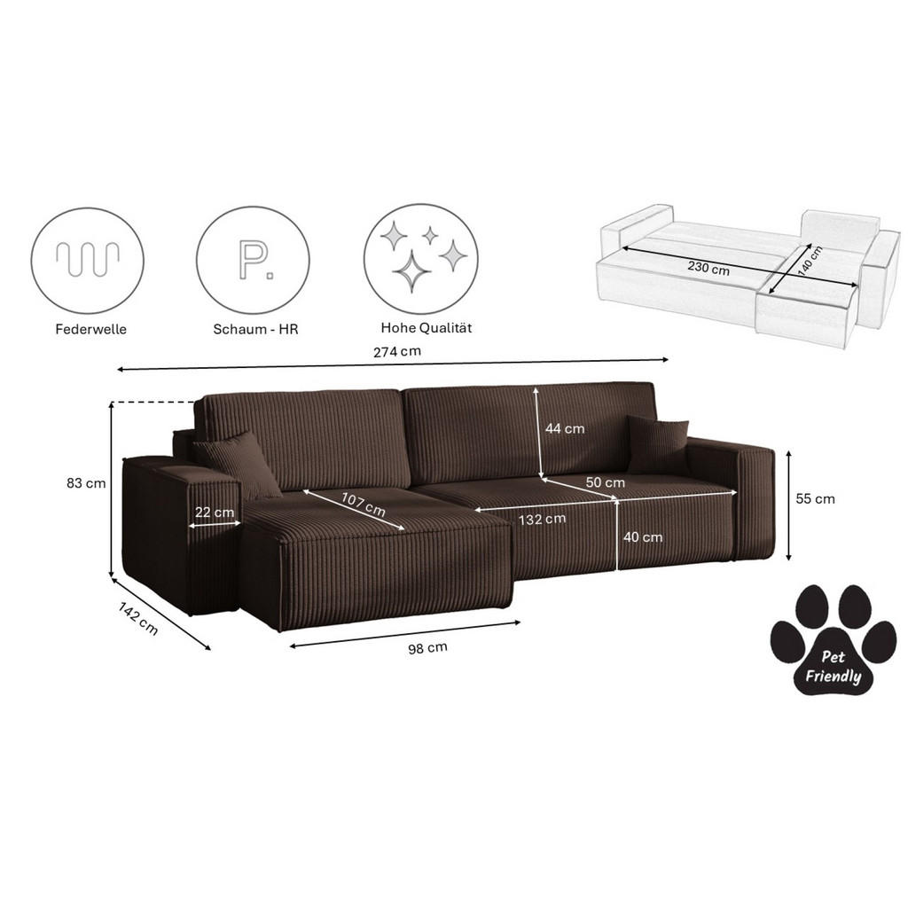 Thumbnail - Kaiser Möbel Ecksofa, Braun, Holz, 5-Sitzer, L-Form, 142x83x274 cm, Wohnzimmer, Sofas & Couches, Sofas