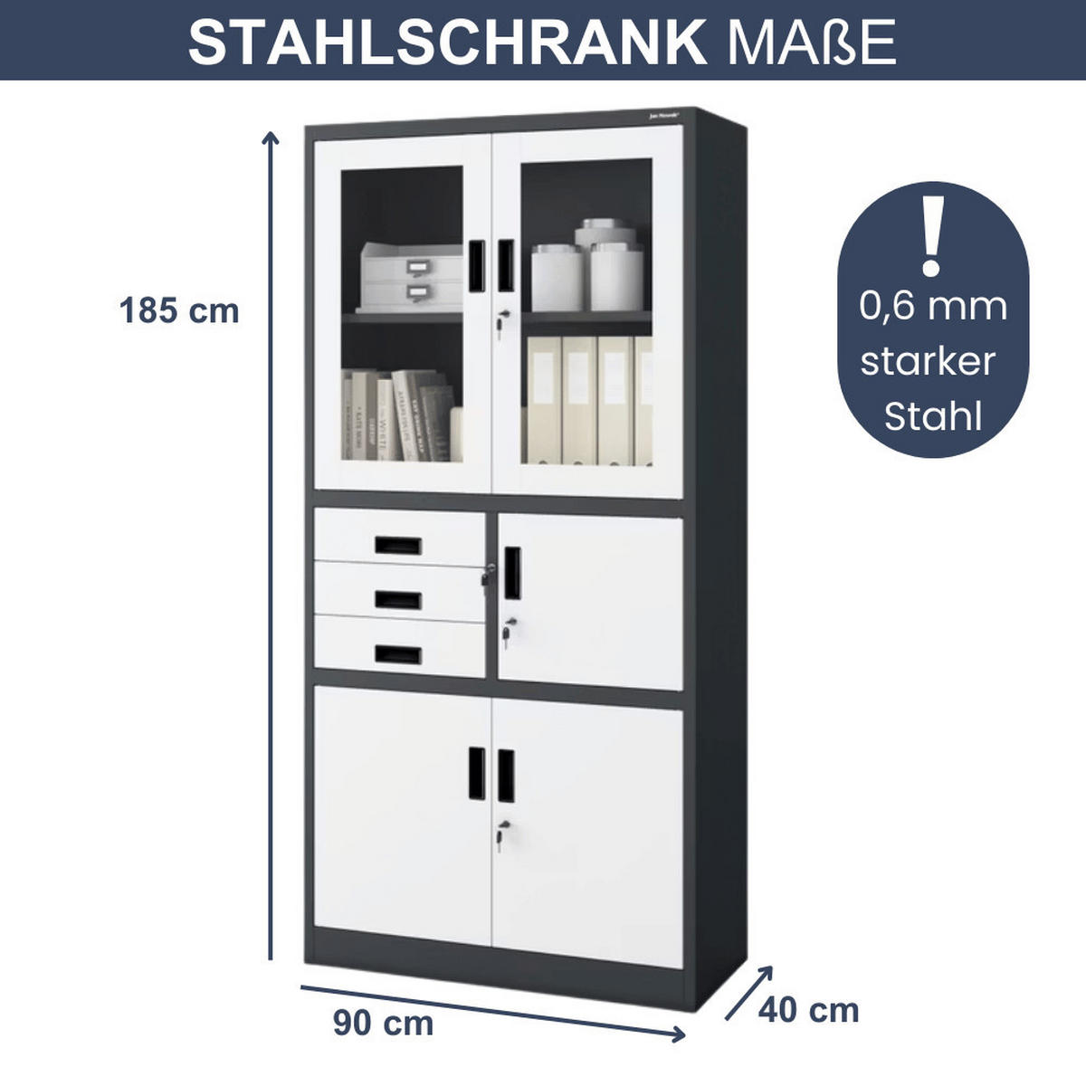 VITRINENSCHRANK abschließbar GEDO mit Tresor 185x90x40cm Anthrazit-Weiß - Anthrazit, Metall (90/185/40cm) - DELUKE