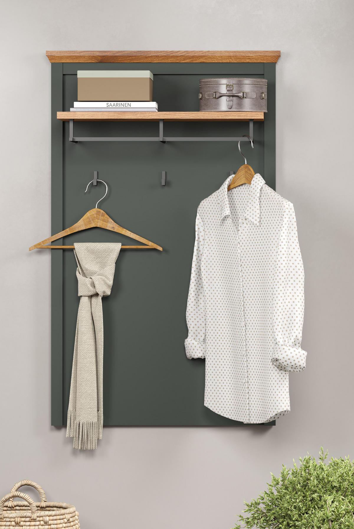 GARDEROBENPANEEL grün, Evoke Eiche 77 x 123 cm, Wandgarderobe im Landhaus-Stil - Eichefarben/Grün, Holzwerkstoff (28/123/77cm) - Top.Furn