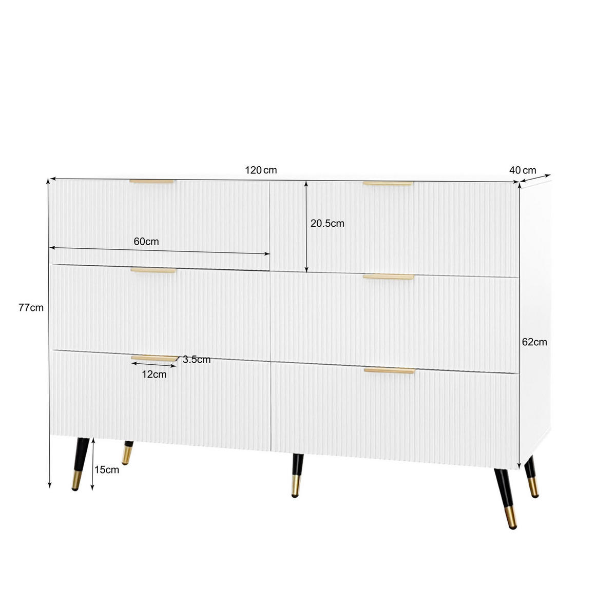 SIDEBOARD mit 6 Schubladen, mit goldenen Griffen und Beinen, modernes Wellendesign, 120/40/77 cm, Weiß - Weiß, Holzwerkstoff (120/40/70cm) - Redom