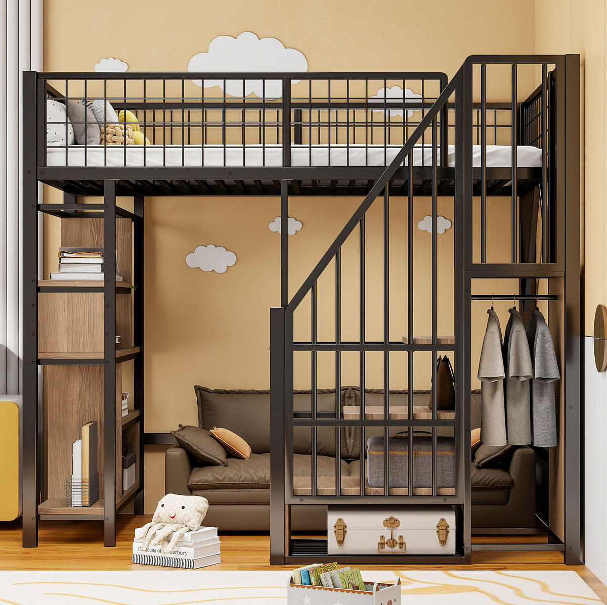 HOCHBETT 90/200 cm, schwarz mit Stauraumtreppe für kleine Räume - Schwarz, Metall (90/200cm) - MIVRAY
