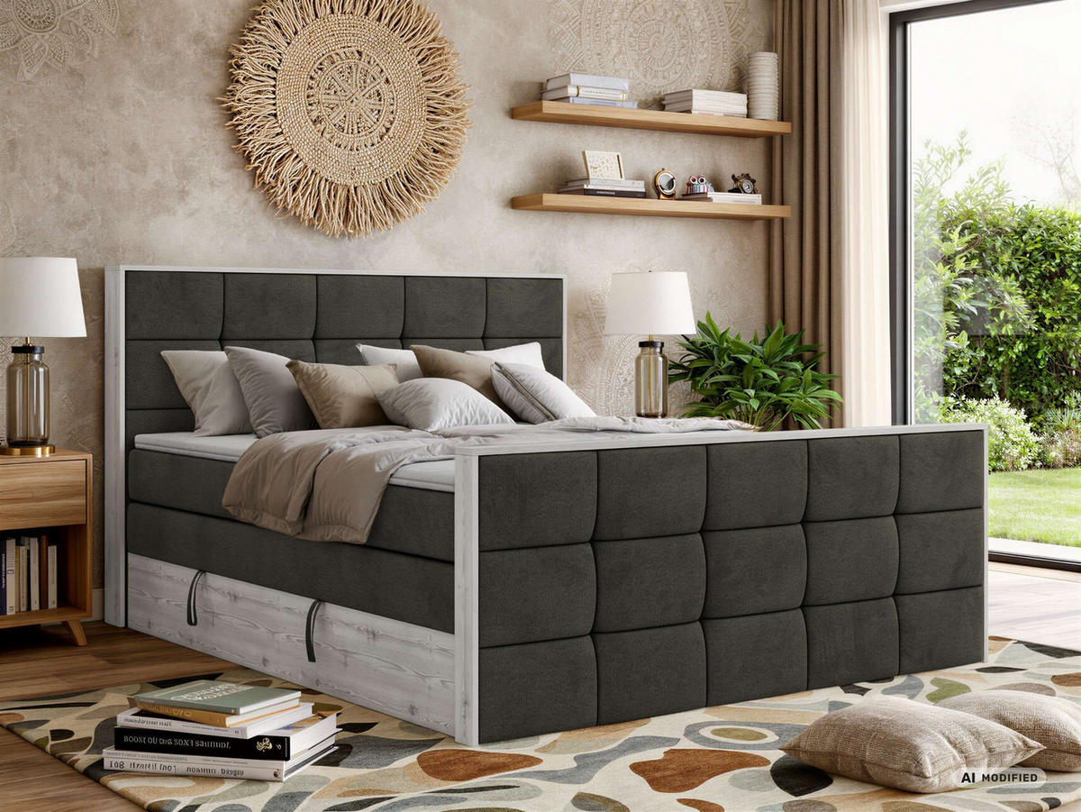 BOXSPRINGBETT ALNOR KING DUO 200/200 - Dunkelgrau Velvet - Topper T25 - H4 - Dunkelgrau/Anthrazit, Kunststoff/Textil (200/200cm) - MKS
