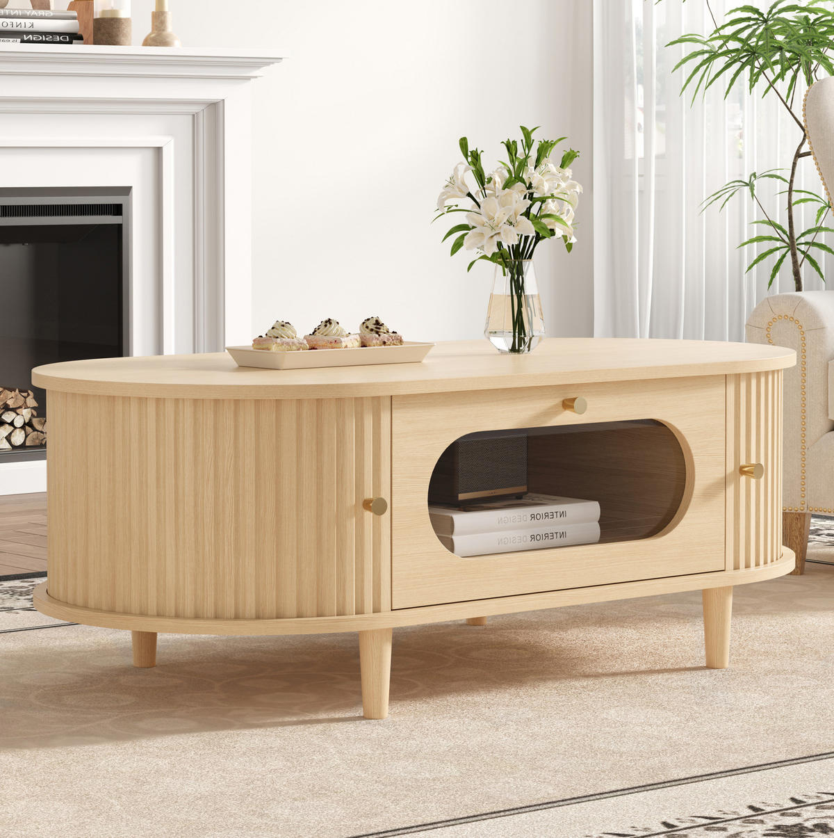 KONFERENČNÍ stolek z MDF 100x50x36 cm dubová barva se zásuvkou, roletovými dvířky a skleněným čelem - barva dubu, kompozitní dřevo (100/50/36cm) - Modfu