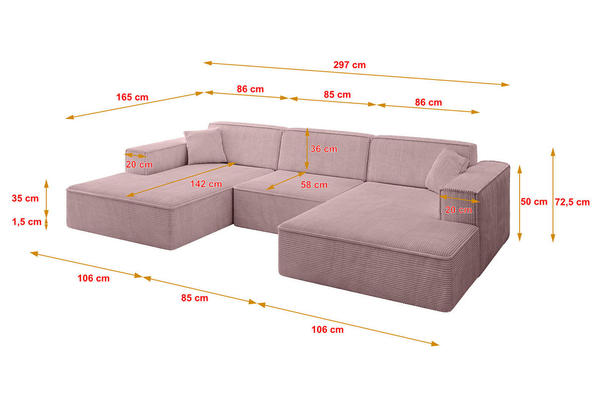 WOHNLANDSCHAFT IREA-U1-v4 - 297x165x72,5 cm Rosa - Rosa, Holzwerkstoff/Textil (297/72/165cm) - ALTDECOR