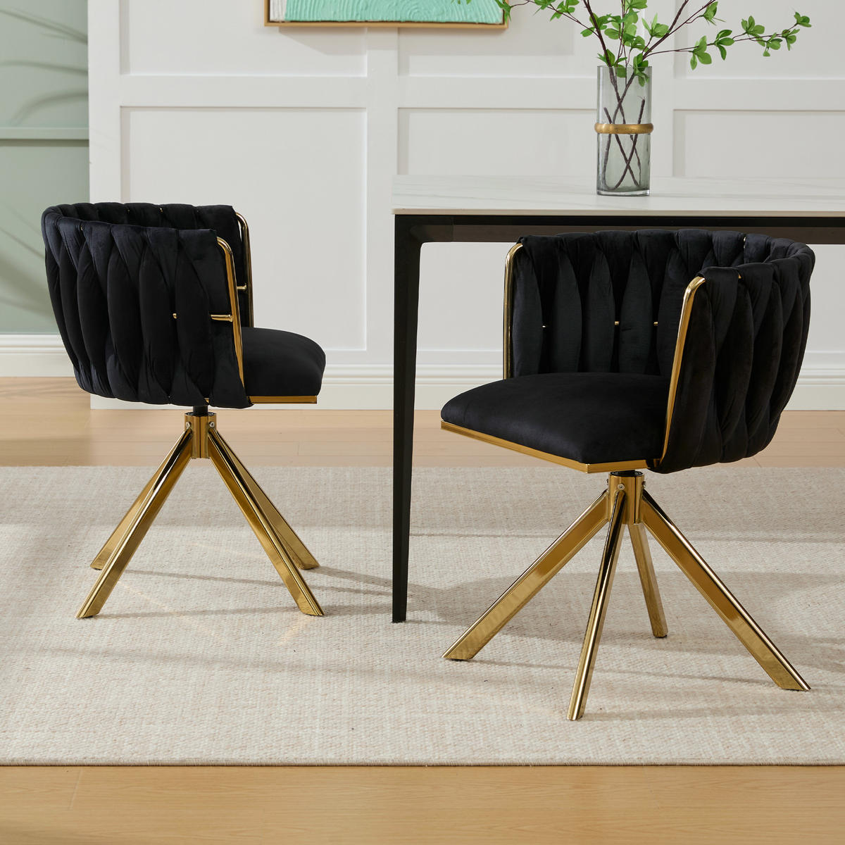 ARMLEHNSTUHL(SET à 2 Stück) mit Metallgestell - ergonomische Rückenlehne und 180° Schwenkfunktion - Schwarz - Schwarz, Textil/Metall (50/70/56cm) - KOMHTOM