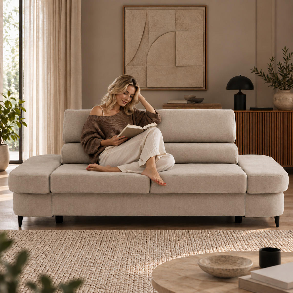2-SITZER Sofa PRIAM 206 cm Velours Creme - Creme/Schwarz, Holz/Textil (206/95/102cm) - Muffo