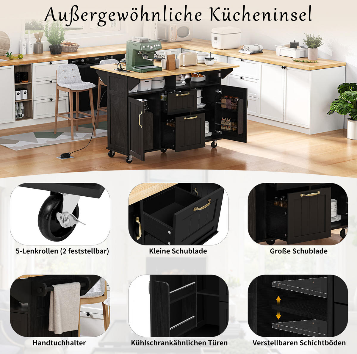 KUECHENINSEL mit Klapptisch 120 cm Schwarz/Natural - Schwarz, Holz (80/92/120cm) - Beauniv