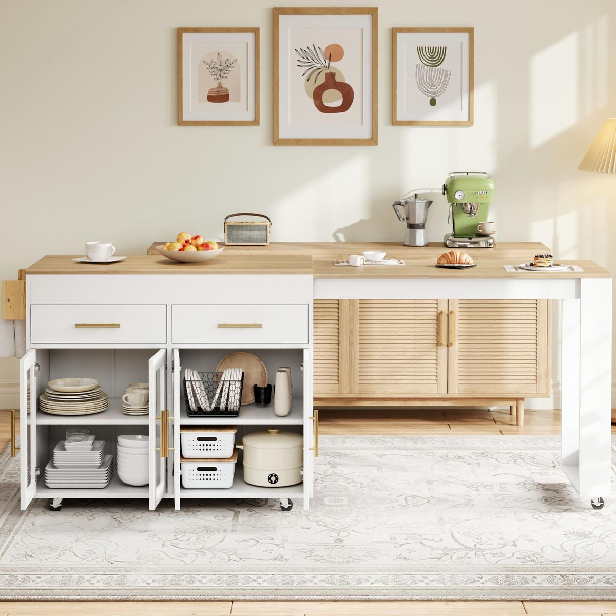 KÜCHENINSEL in Weiß und Naturfarben mit Rollen und ausziehbarer Tischplatte für Esszimmer, B132,5-217/T50/H93 cm - Weiß, Holzwerkstoff/Metall (217/93/50cm) - STILVORA