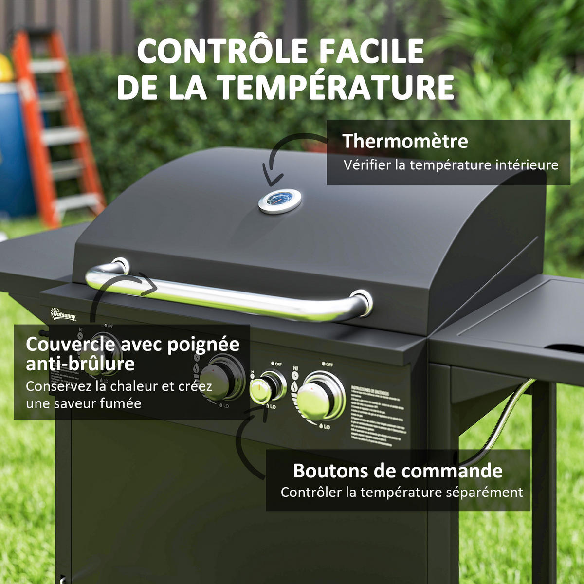 GASGRILL DE-18620 3+1 Brenner 9,5 kW mit 2 Grillrosten Schwarz - Schwarz, Metall (58/98/123cm) - ComfortXL