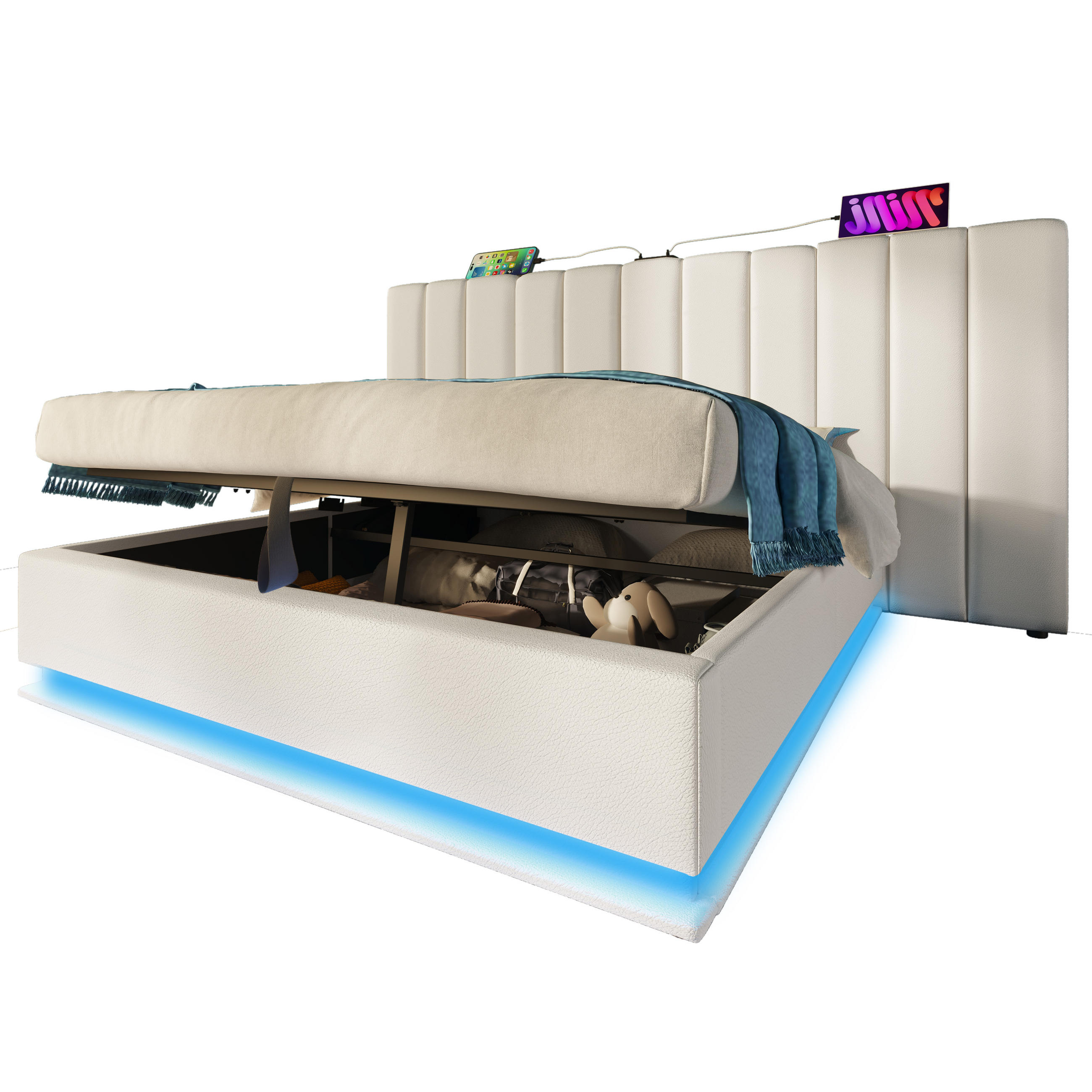 POLSTERBETT 160x200cm Doppelbett App-LED USB-C Stauraum Weiß PU - Weiß, Holz (160/200cm) - FLIEKS