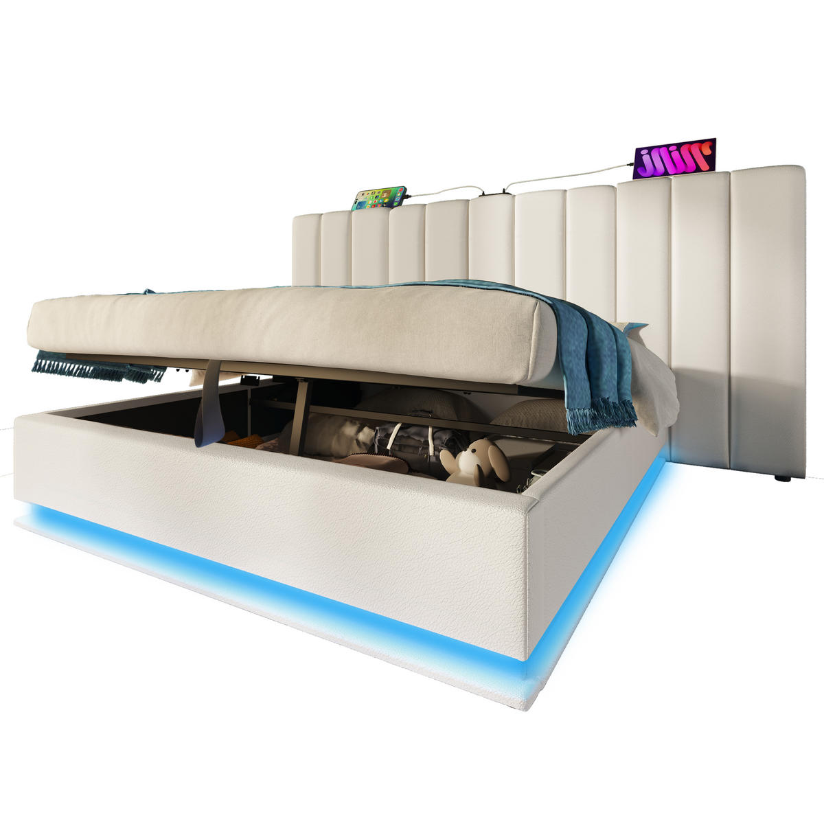 POLSTERBETT 160x200cm Doppelbett App-LED USB-C Stauraum Weiß PU - Weiß, Holz (160/200cm) - FLIEKS