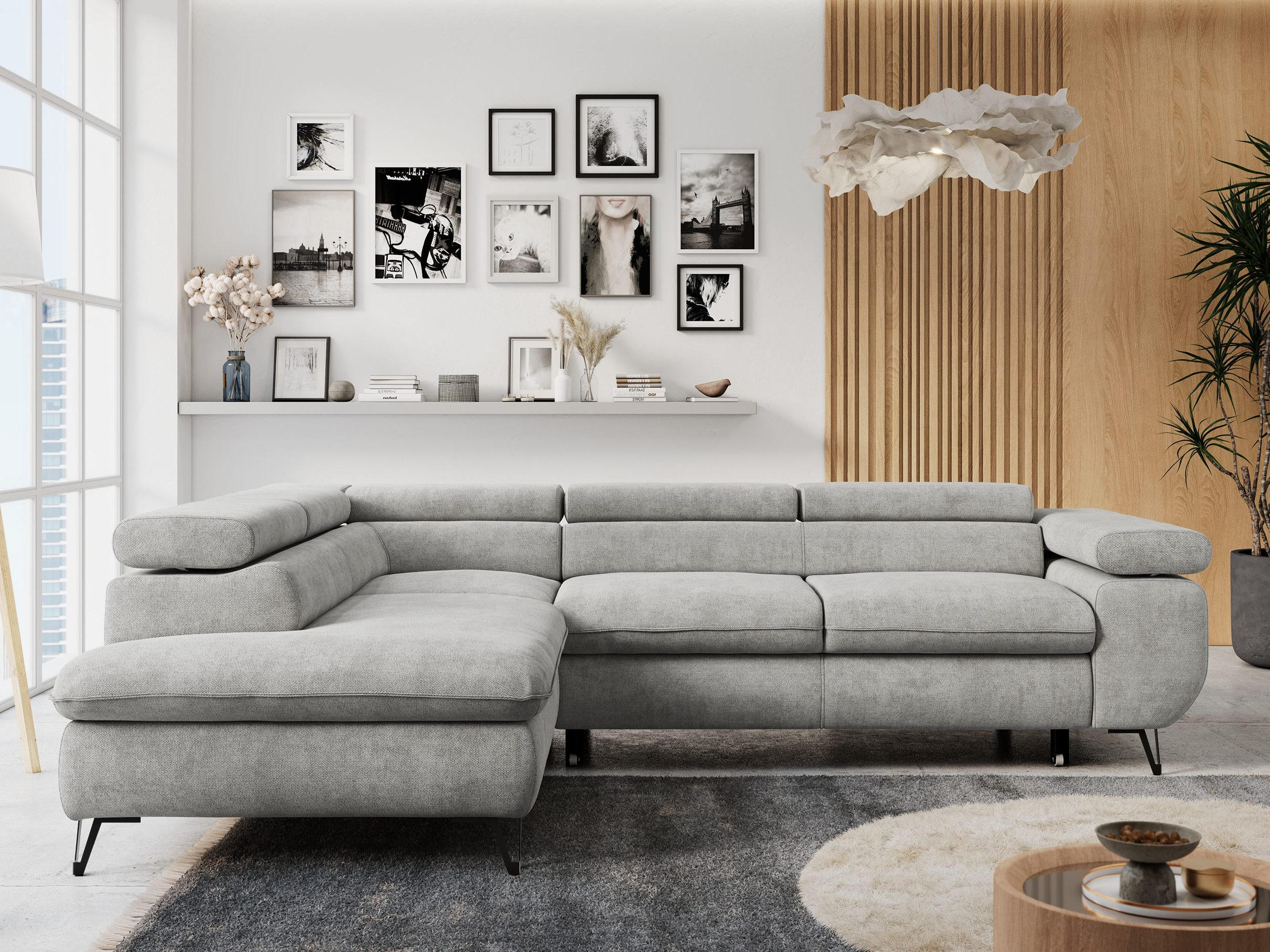 ECKSOFA PETER L Hellgrau Struktur - Links Seite - Hellgrau/Schwarz, Textil/Metall (208/273cm) - MKS