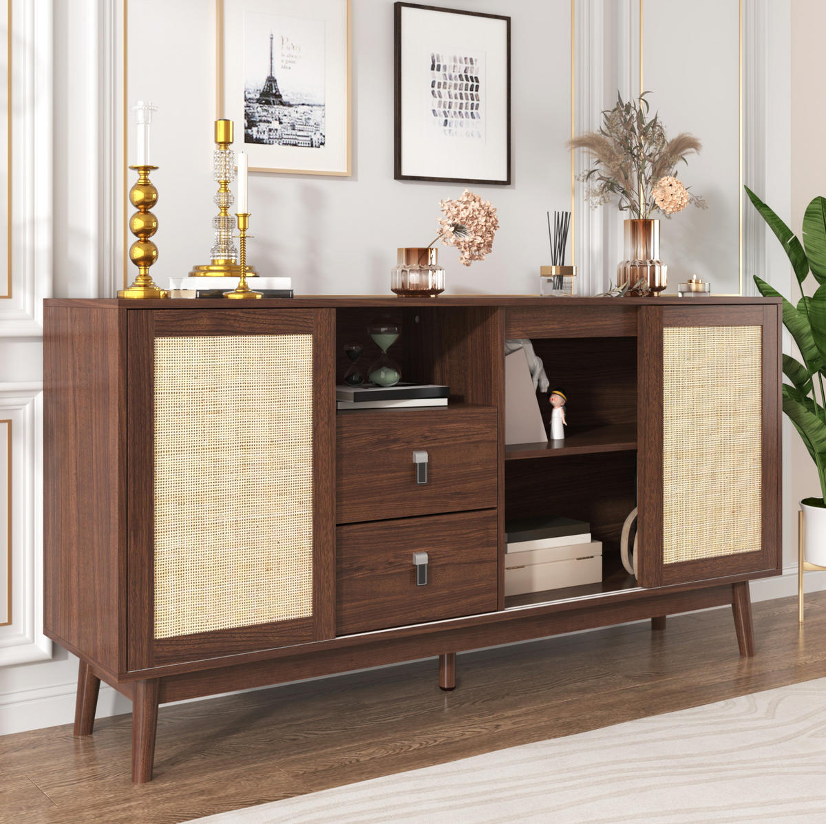 SIDEBOARD mit 3 Rattan-Schiebetüren und 2 Schubladen, 155/38/80 cm,Nussbaumfarben - Nussbaumfarben, Holzwerkstoff (155/80/38cm) - Redom