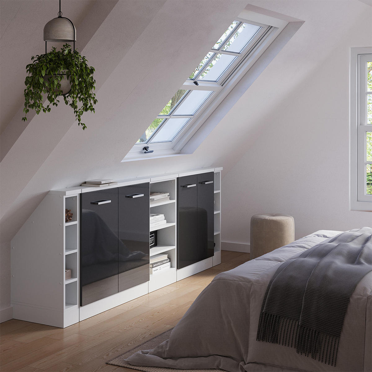 KUCHYŇSKÁ SKŘÍŇKA POD ŠIKMOU STŘECHU R-Line Antracitový vysoký lesk/bílá - bílá/antracitová, kompozitní dřevo (210/81.6/46cm) - Vicco