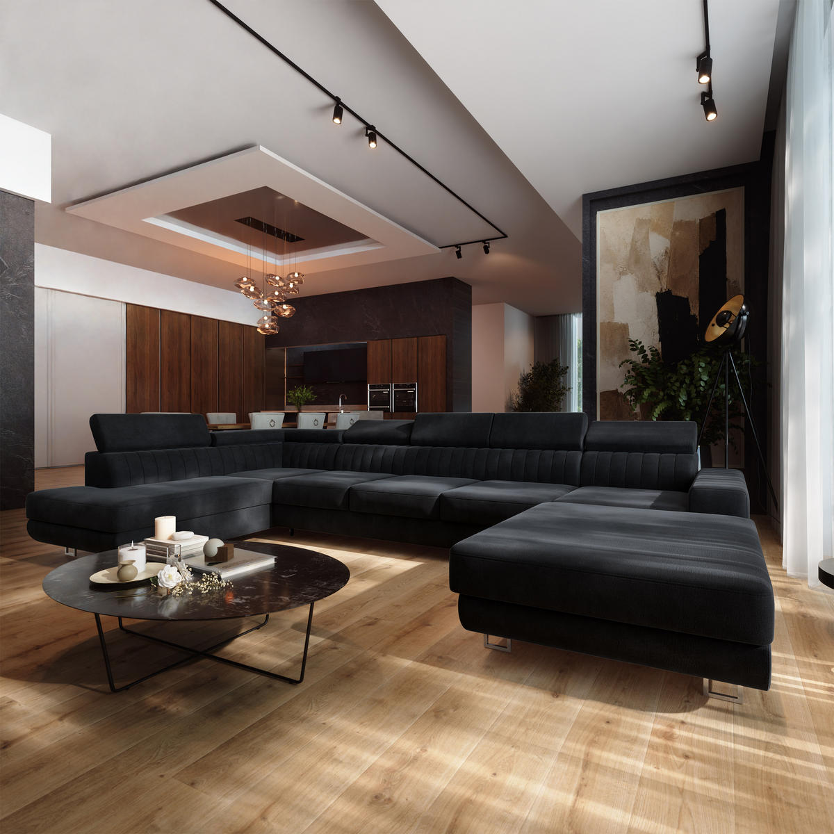 WOHNLANDSCHAFT GAIAN Schwarz Velours-Stoff mit Schlaffunktion - Schwarz, Holz (412/88/190cm) - MASSENO