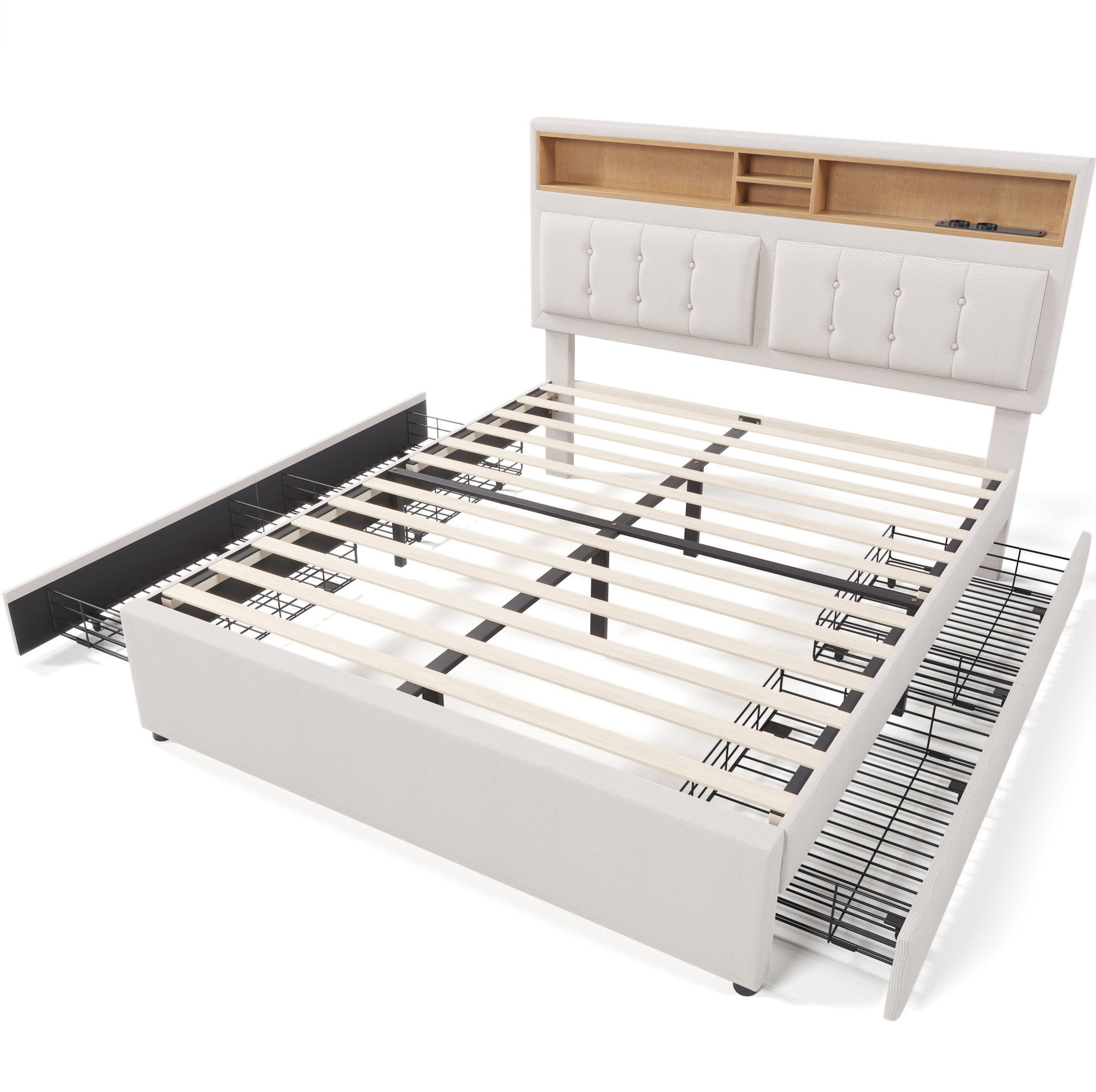POLSTERBETT 160/200 cm mit 4 Schubladen, USB-C und verstellbarem Kopfteil - Beige, Textil (160/200cm) - BEAOK