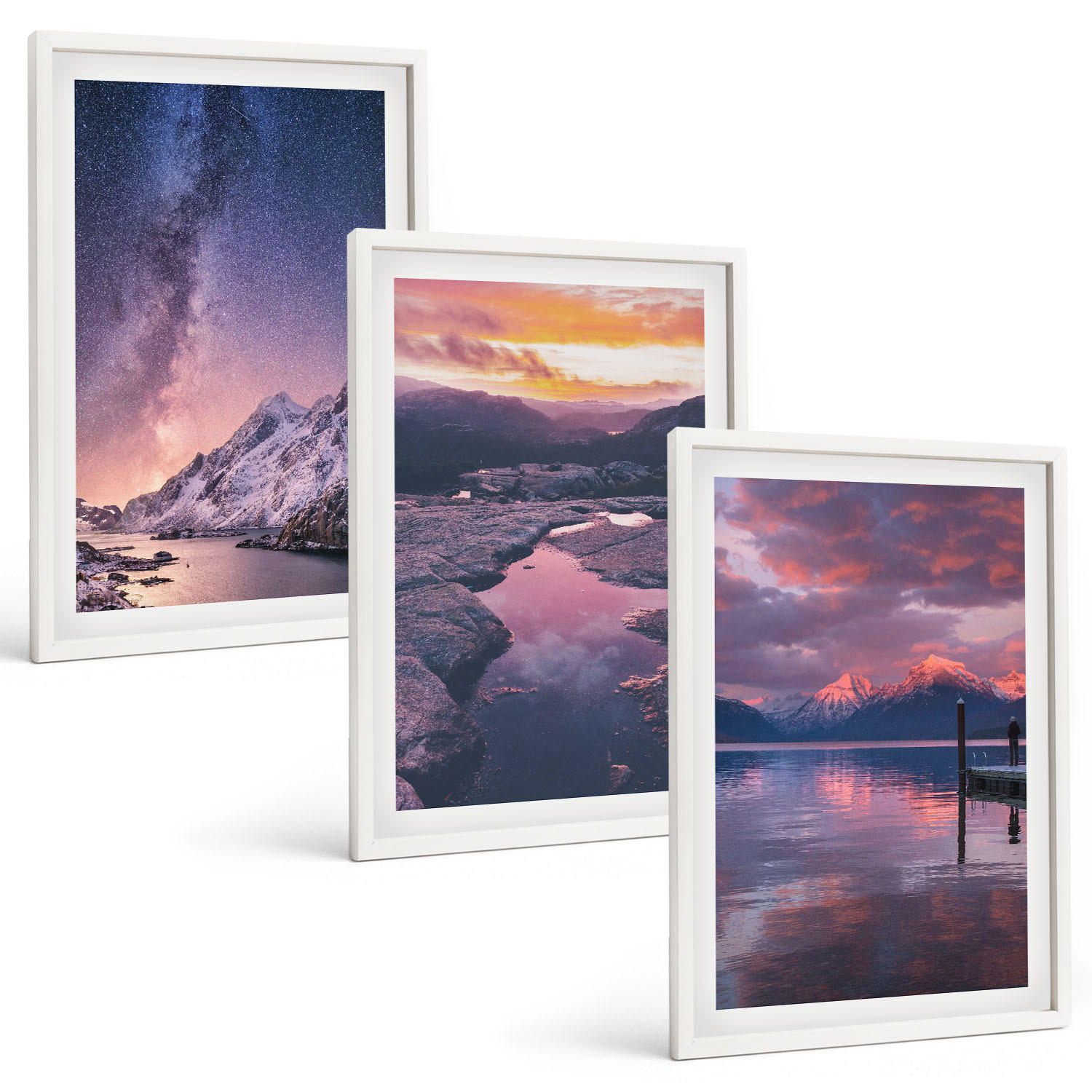 BILDER SET 3er Set - 40x60 cm Weißer Rahmen - Berge, Wasser, wunderschöne Landschaften - Weiß, Kunststoff (40/60cm) - TULUP