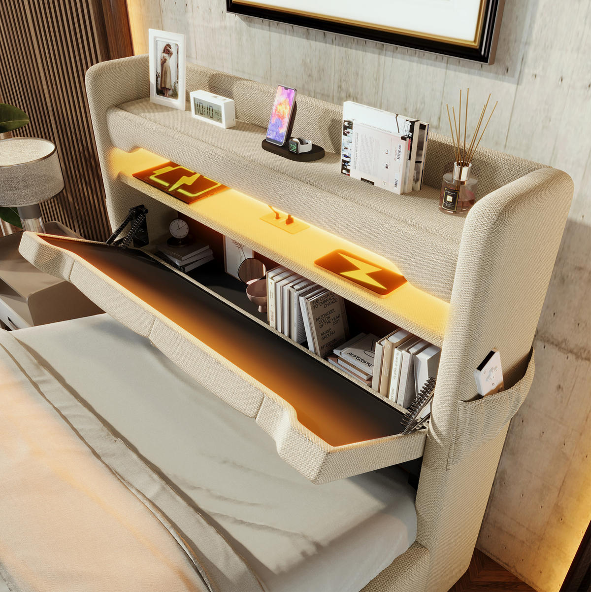 POLSTERBETT 90/200 cm Beige mit Matratze, LED-Beleuchtung und USB-Anschlüssen - Beige, Textil (90/200cm) - Flora Grace
