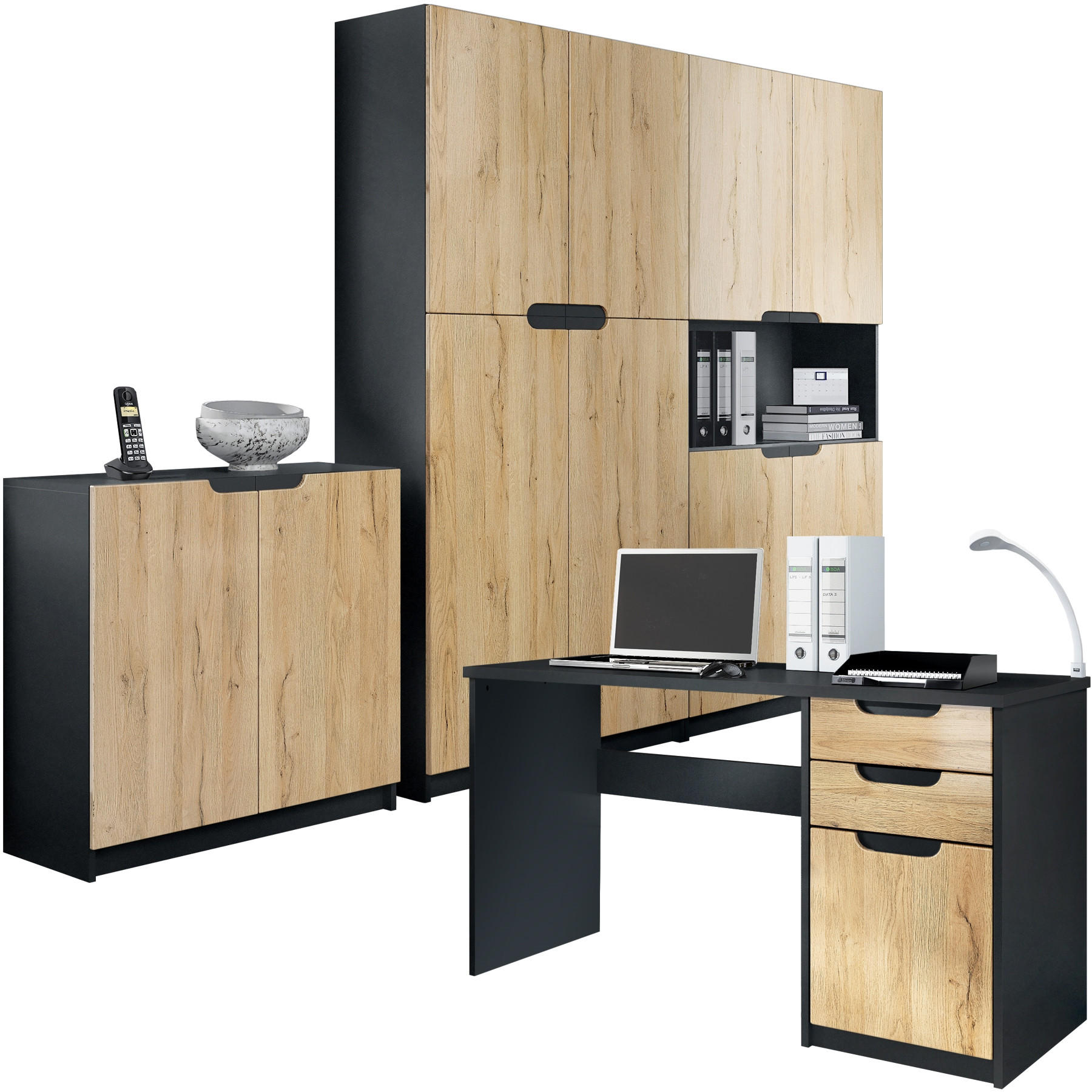 BÜROMÖBELSET Logan Fronten in Eiche Natur - Eichefarben, Holzwerkstoff (246/185/60cm) - Vladon