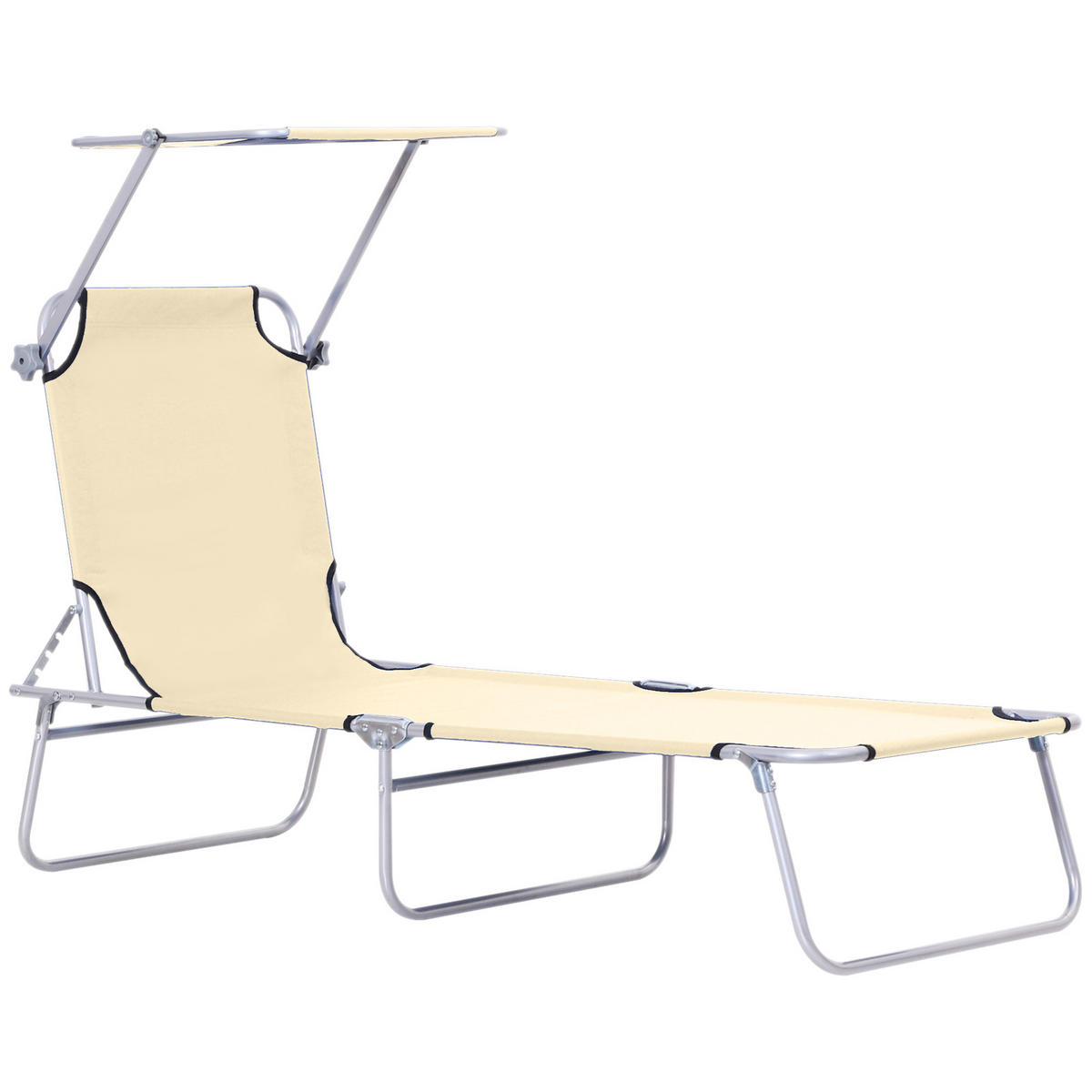 KLAPPBARE Sonnenliege mit Sonnendach und 4-fach verstellbarer Rückenlehne, wetterfeste Campingliege bis 120 kg, Beige - Beige, Metall (187/36/58cm)