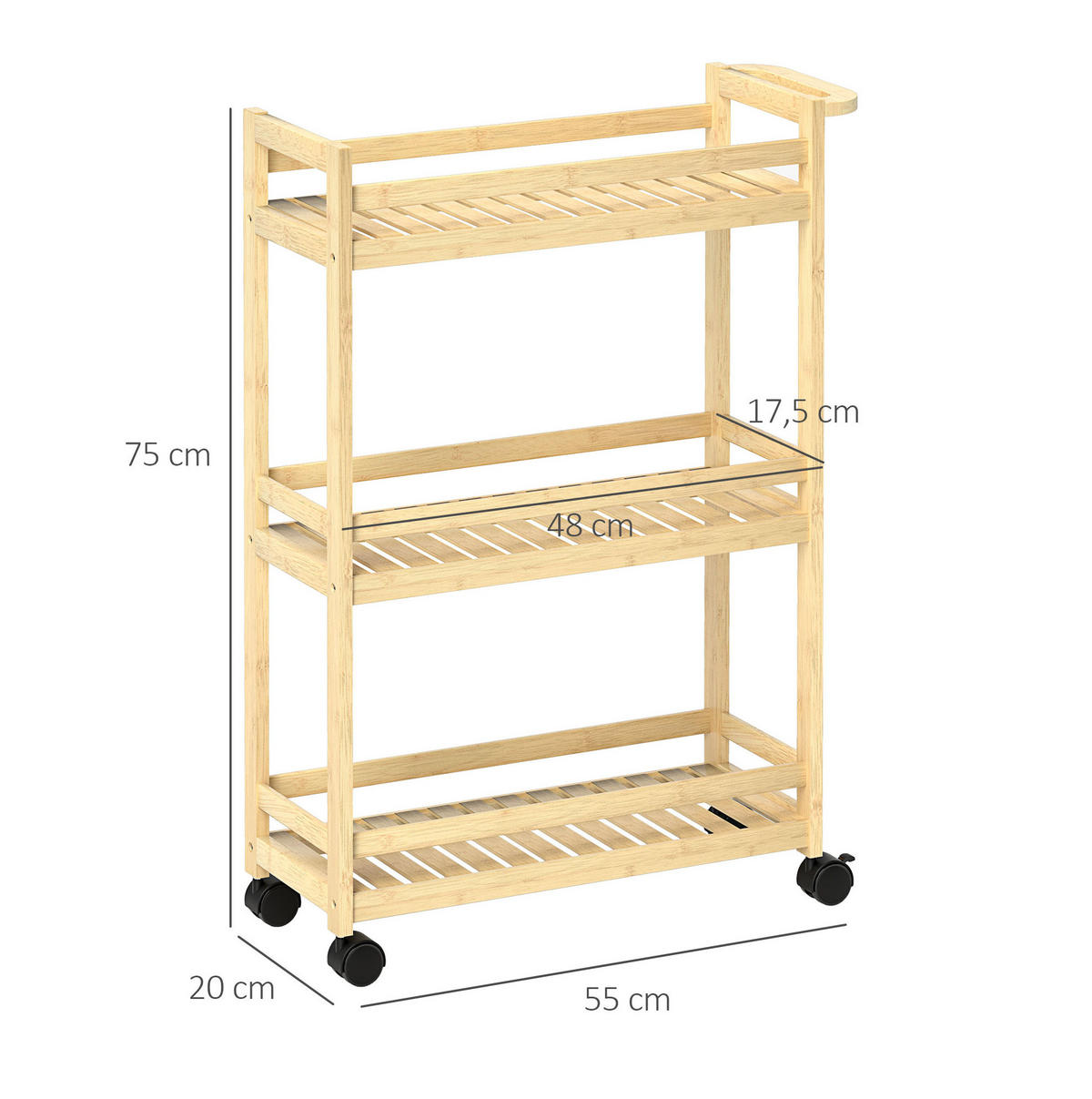 SERVIERWAGEN 55/20/75 cm aus Bambus mit 3 Ablagen und Rollen - Hellbraun, Naturmaterialien (55/75/20cm) - Flora Grace