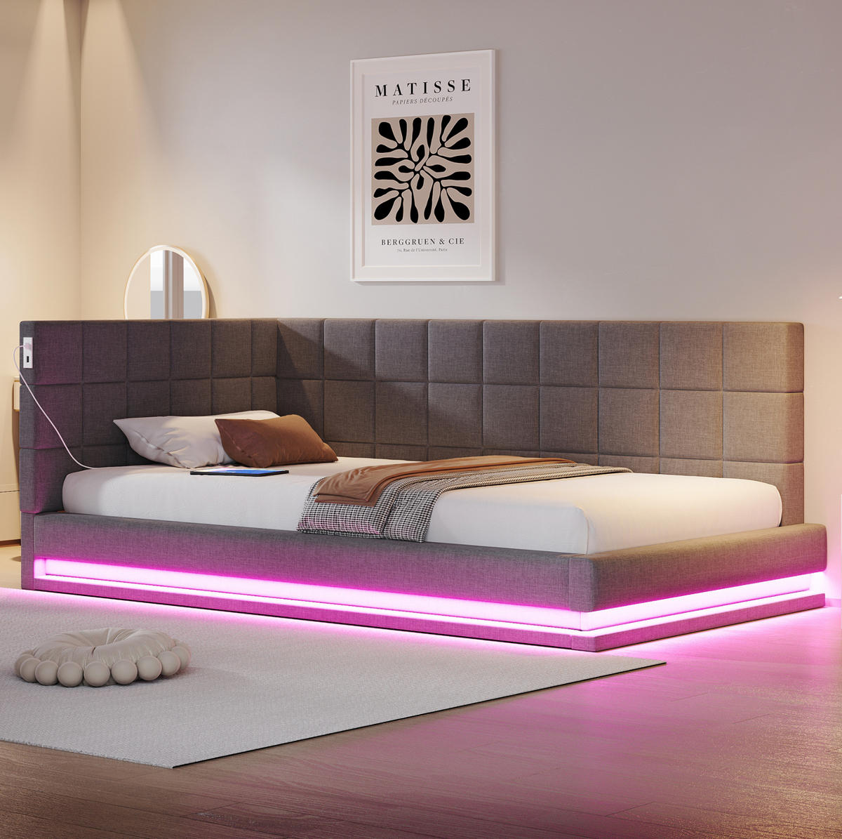 POLSTERBETT mit LED-Beleuchtung 90/200 cm mit USB und Lattenrost, Grau - Grau, Textil (90/200cm) - BEAOK
